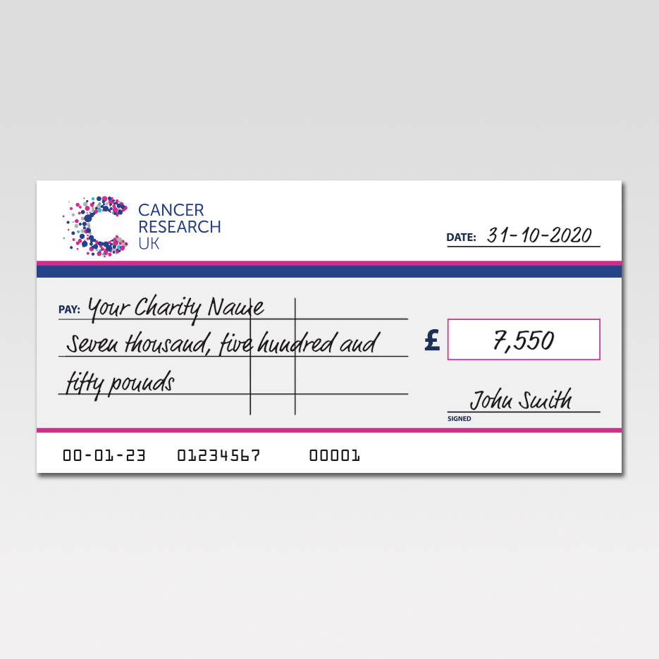 Cancer Research UK Charity Cheque - 5mm Foam Board with Dry-wipe Lamination