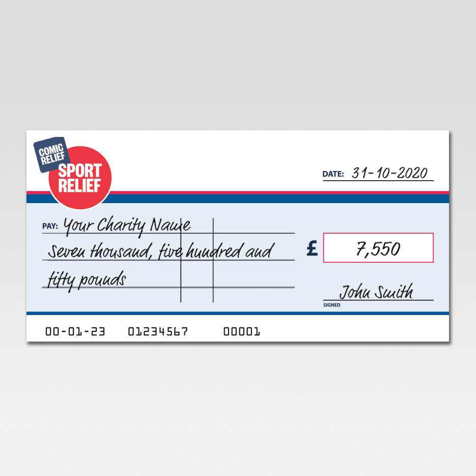 Sport Relief Charity Cheque - 5mm Foam Board with Dry-wipe Lamination